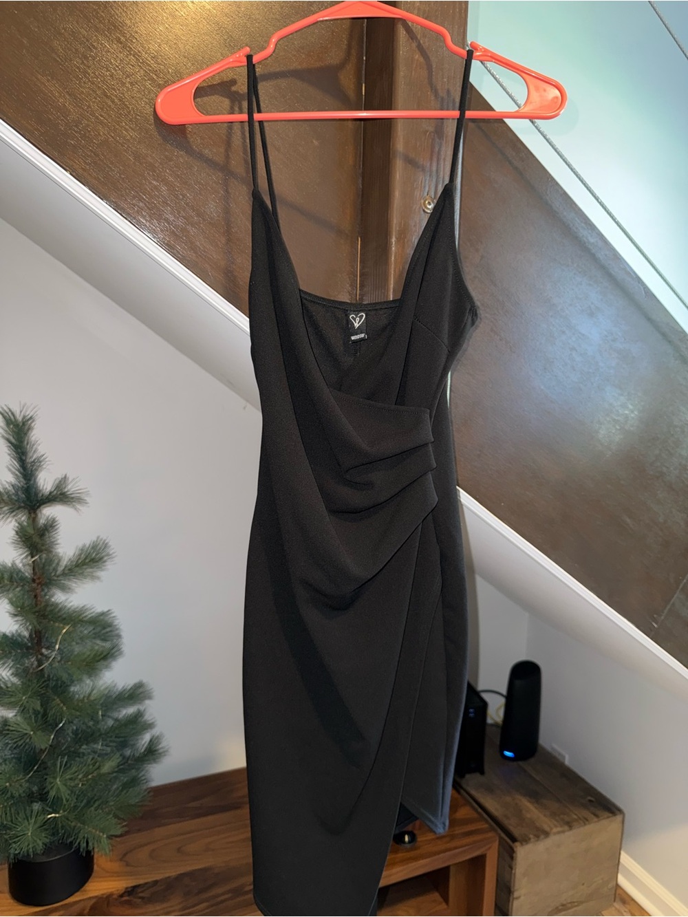 Windsor Black Draped Mini Slip Dress with Spaghetti Straps